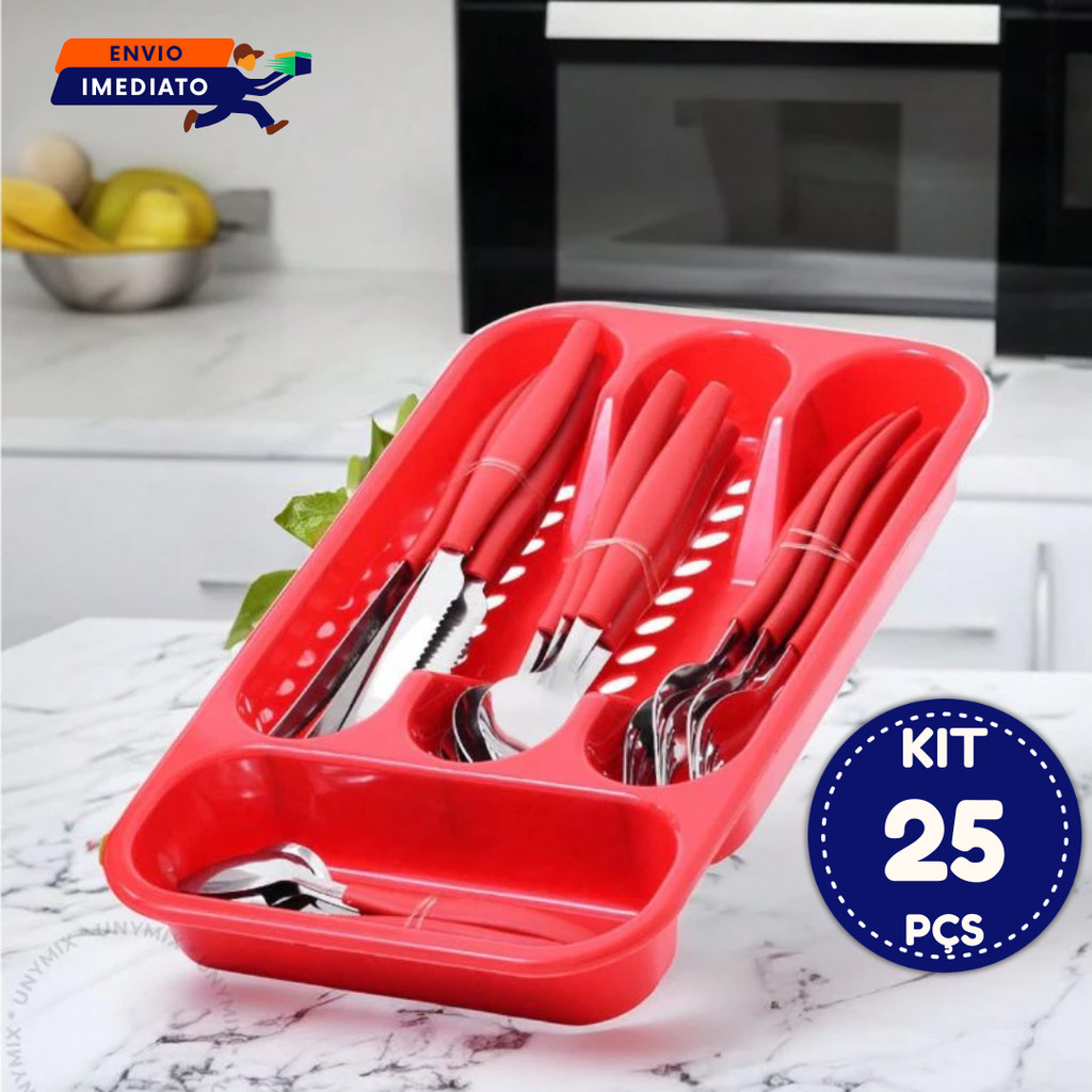 Talheres Inox Jogo com 24 Peças + Suporte Gaveteiro Nas Cores Preto E Vermelho Talheres Inox Faqueiro
