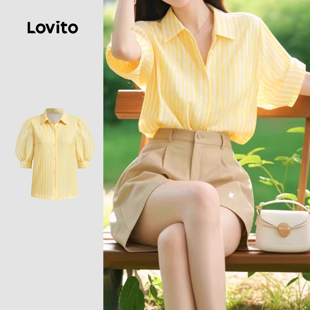 Camisa listrada amarela com manga lanterna de três pontos feminina-BLB151TD108