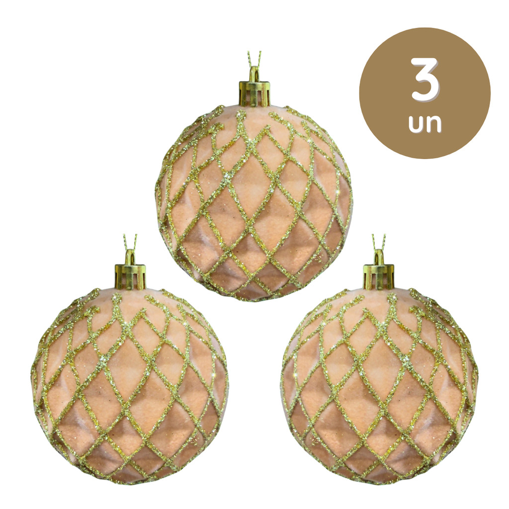 Kit 3 Bolas de Natal Champagne com Glitter Dourado 08cm Enfeite Árvore Decoração Luxo Natalino