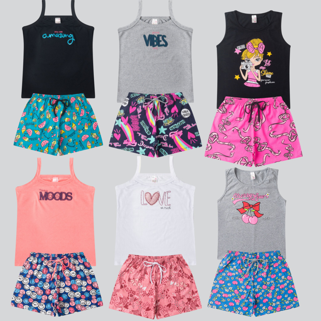 Kit 4 Conjuntos Juvenil Feminino com Regata + Short Estampado Roupa Infantil de Verão Menina
