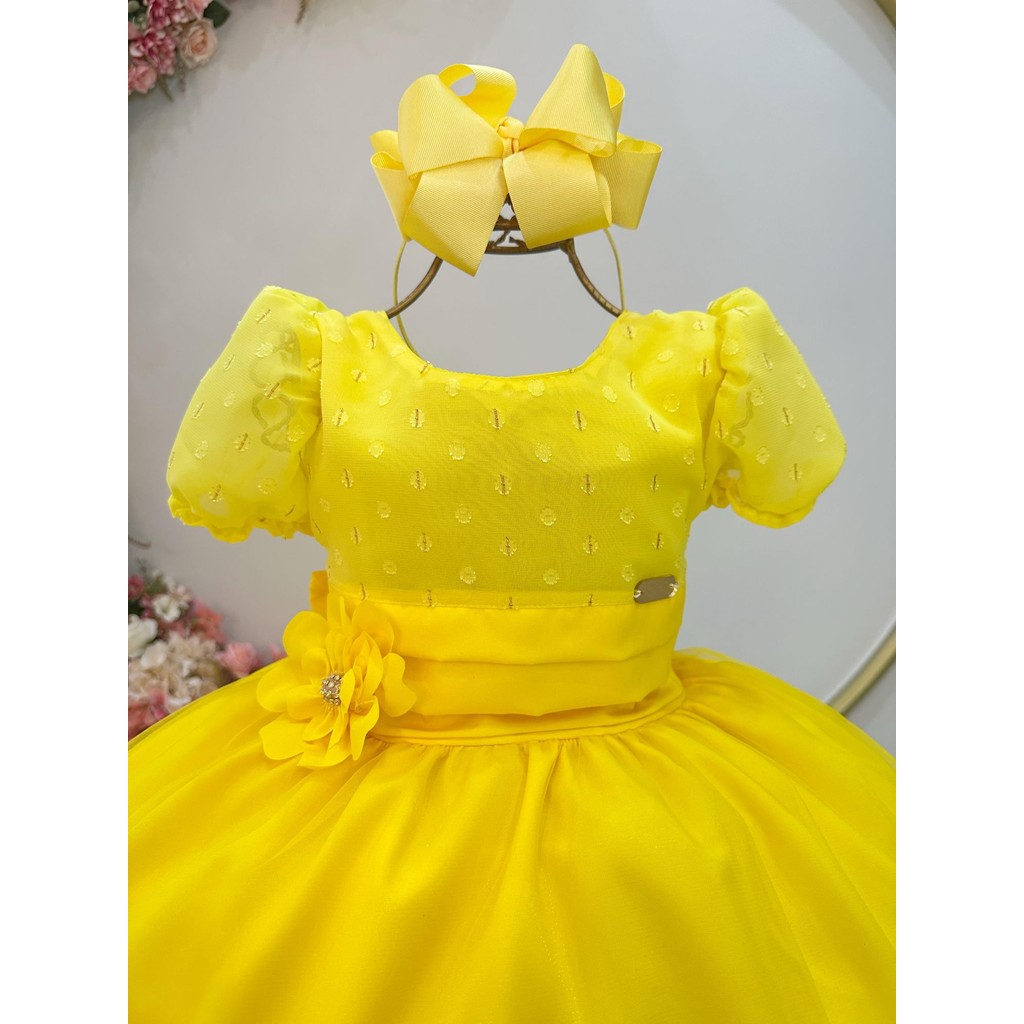 Vestido Infantil Longo Amarelo C/ Broche Flor Daminhas Festas Luxo Bela