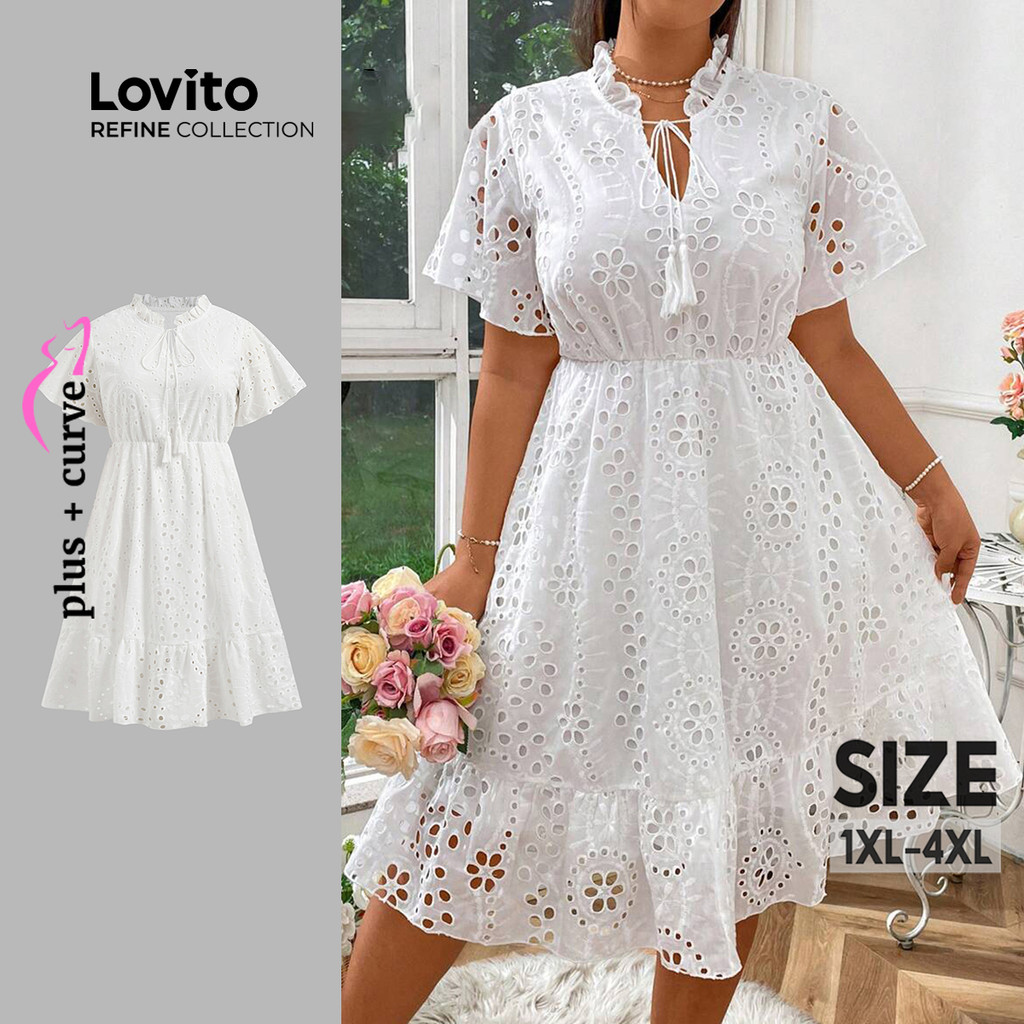 (Lovito Refine) Vestido Plus Size Curva Elegante Liso Cadarço Recortado Algodão Bordado Verão/primavera Mulher LR7LD022 em Oferta na Shopee