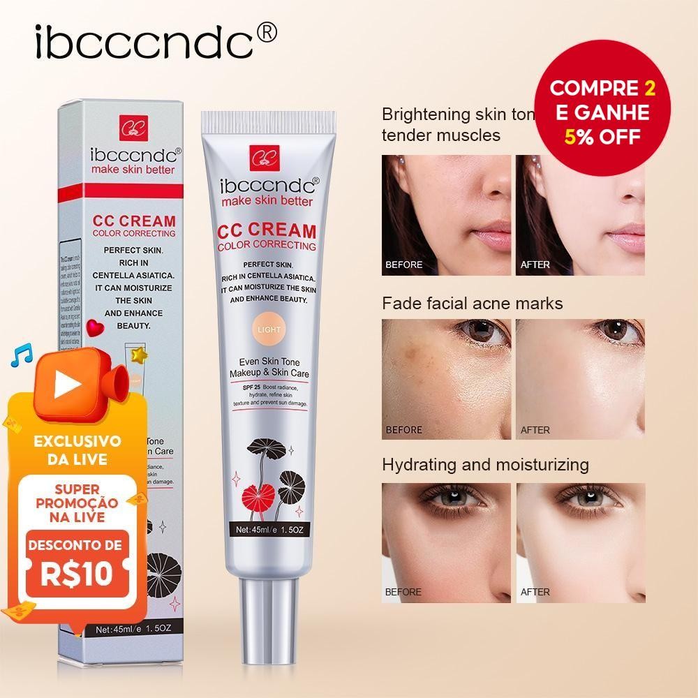 Creme Facial CC Corretor de Cor com Centella Asiatica, BB Cream Reparador e Base Líquida Clareadora - 45ml.