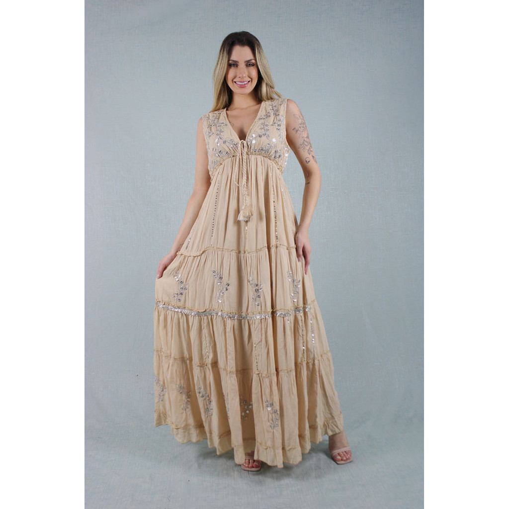 Vestido Longo Indiano Boho Chic com Bordados Brilhantes, Decote V e Saia em Camadas Elegante e Confortável-5005 em Oferta na Shopee
