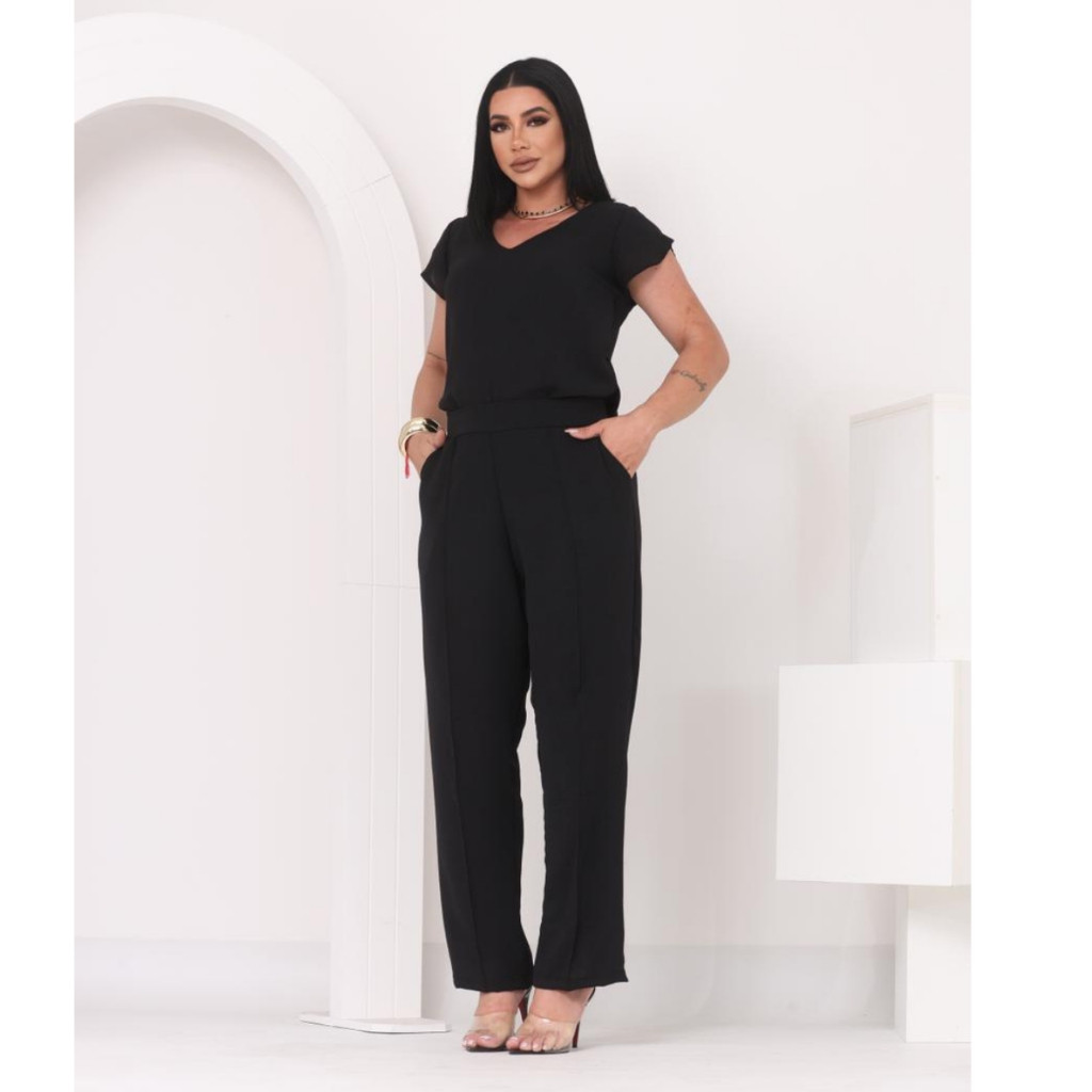 Conjunto Feminino Social Elegante Blusa Decote V + Calça Cintura Alta Confortável com Bolsos