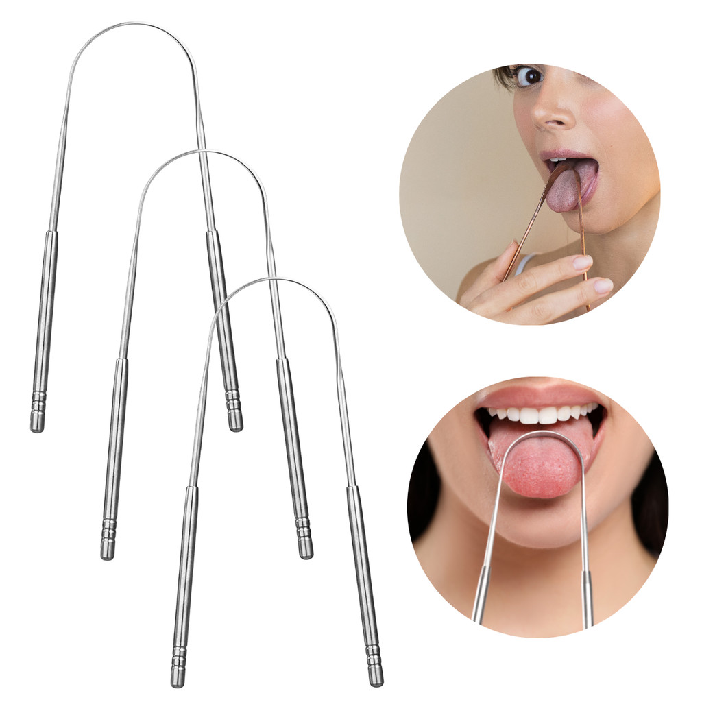 Kit 3 Un Limpador De Língua Aço Inox Raspador De Bactérias Higiene Bucal Evita Mau Hálito