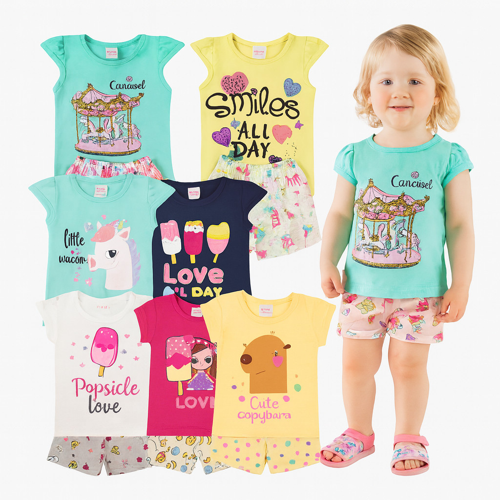Kit Sortido 6 Peças de Roupas Infantil Menina 3 Camisetas + 3 Bermudas - Kit 3 Conjuntos Infantil Menina Verão Bebê