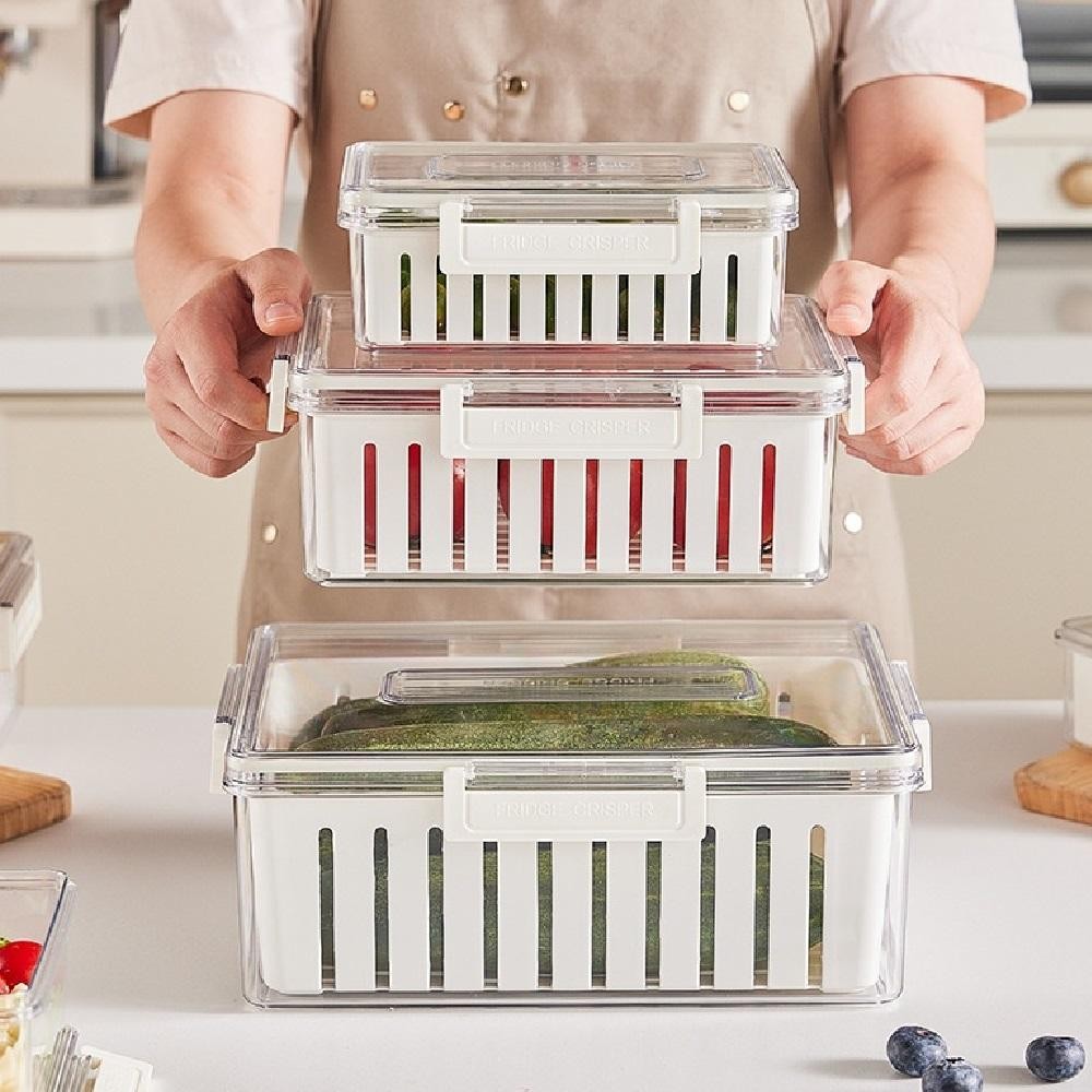 Kit 3 Potes Herméticos Organizador Geladeira Box Cesta Escorredor Removível Acrílico Frutas Legumes