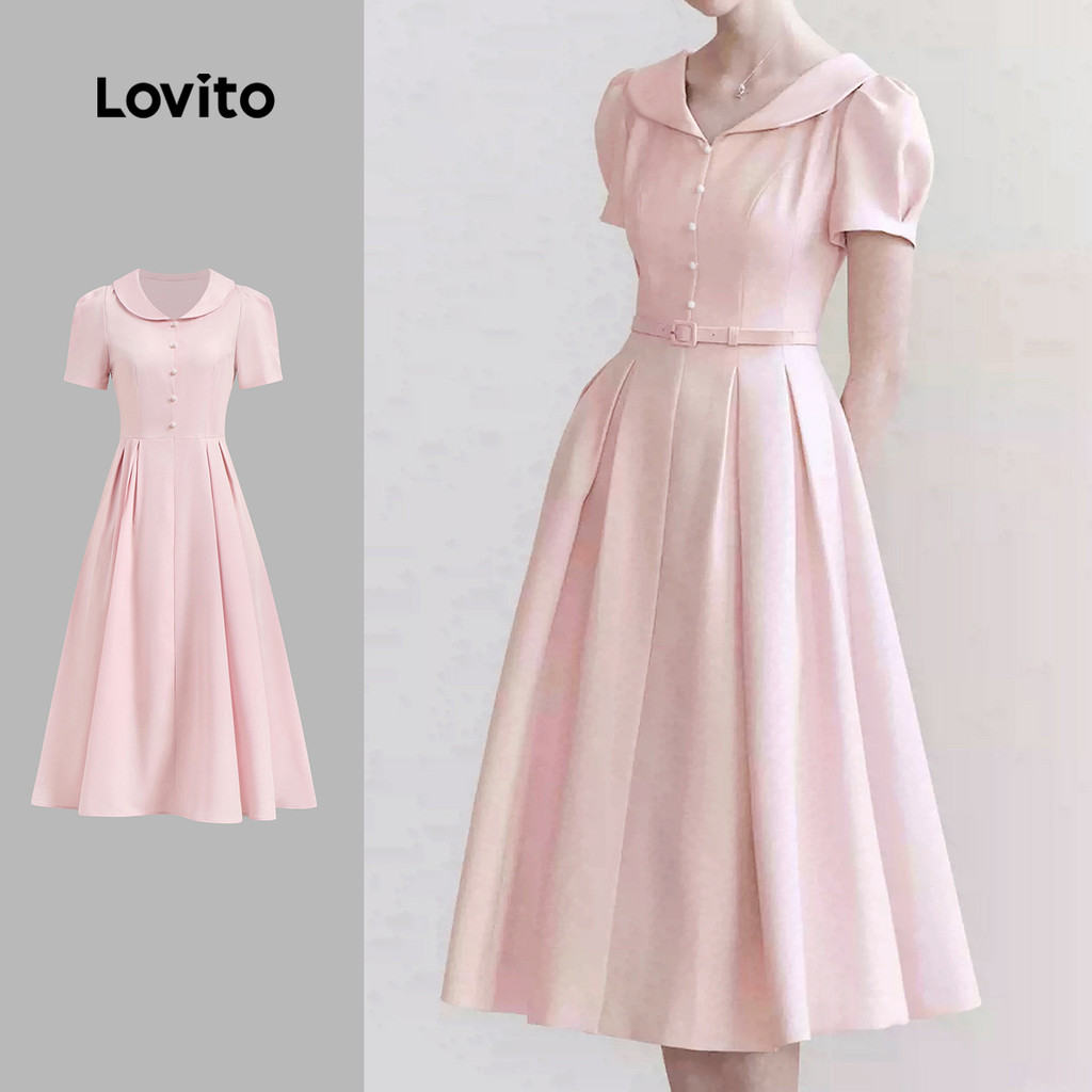 Lovito Vestido Elegante Com Botões Lisos Para Mulheres L131LD1086 em Oferta na Shopee