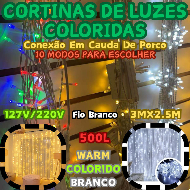 3M x 2.5M Cortinas De Luzes Coloridas 500L Bivolt 127V Ou 220V Fio Branco 10 Modos Para Escolher