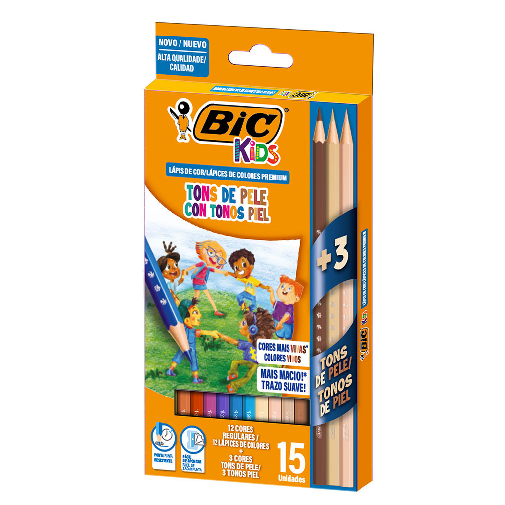 Lápis de cor 12 cores Kids Sextavado + 3 Tons de Pele Bic