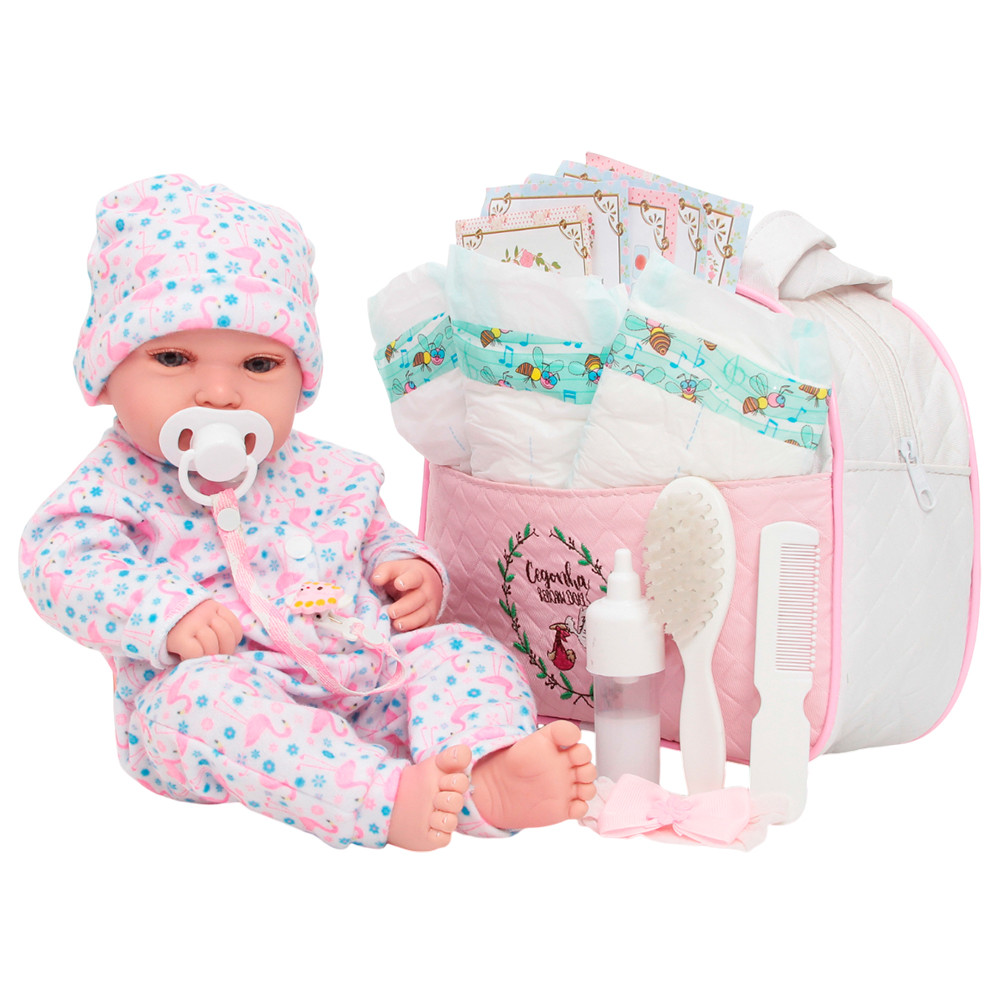 Boneca Reborn Bebê Larinha Olhos Azuis Bolsa Itens Completa
