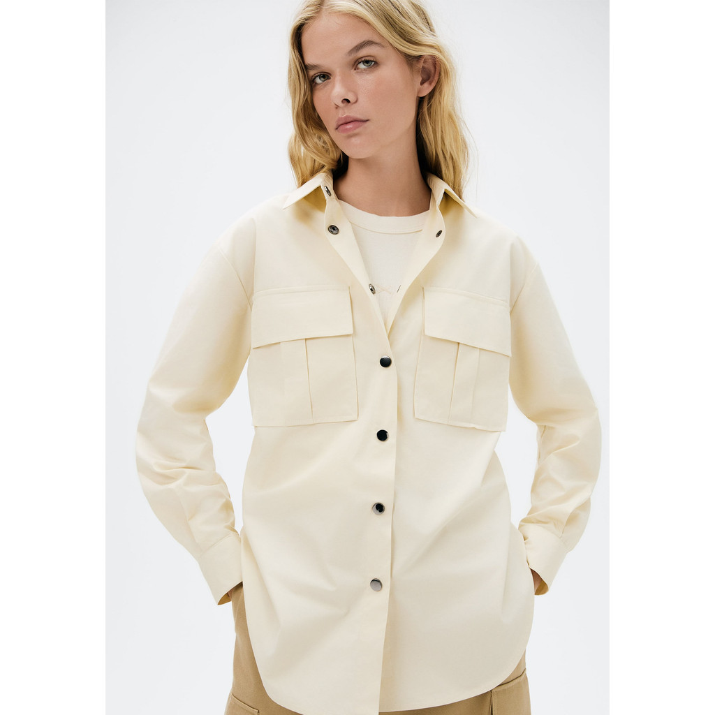 Camisa Feminina Manga Longa Com Bolso em Oferta na Shopee