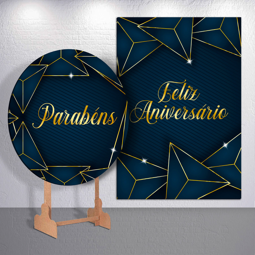 Kit Painel Festa Azul Dourado Parabéns Redondo Retangular Trio Capas Cilindro P M G em Oferta na Shopee