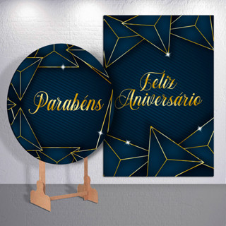 Kit Painel Festa Azul Dourado Parabéns Redondo Retangular Trio Capas Cilindro P M G em Oferta na Shopee