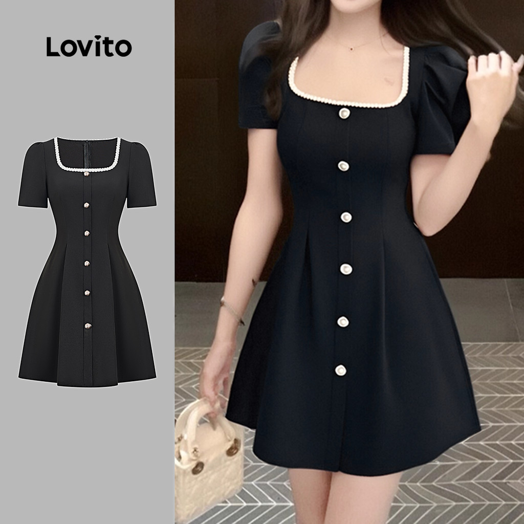 (Elegante) Lovito Vestido com Botões Na Frente Primavera/verão Vestido Preto para mulheres L154ED490