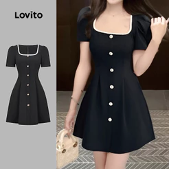 (Elegante) Lovito Vestido com Botões Na Frente Primavera/verão Vestido Preto para mulheres L154ED490