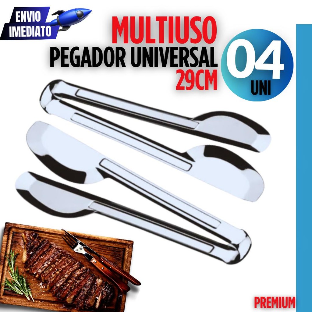 Kit 04 Pegador de Inox Massa Macarrão Churrasco Universal Salada Variáveis Utilidades 29cm Inox Premium