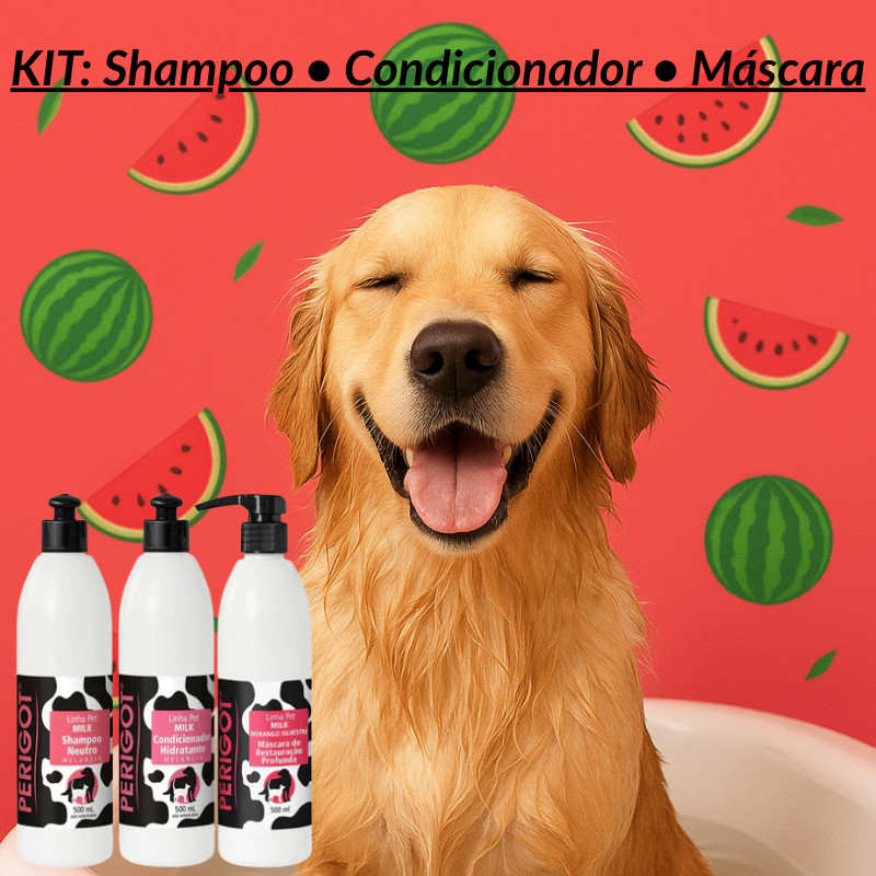 Kit Perigot Pet Shampoo e Condicionador de Melancia e Máscara de Morango 500ml Nutrição e Brilho para Cães e Gatos