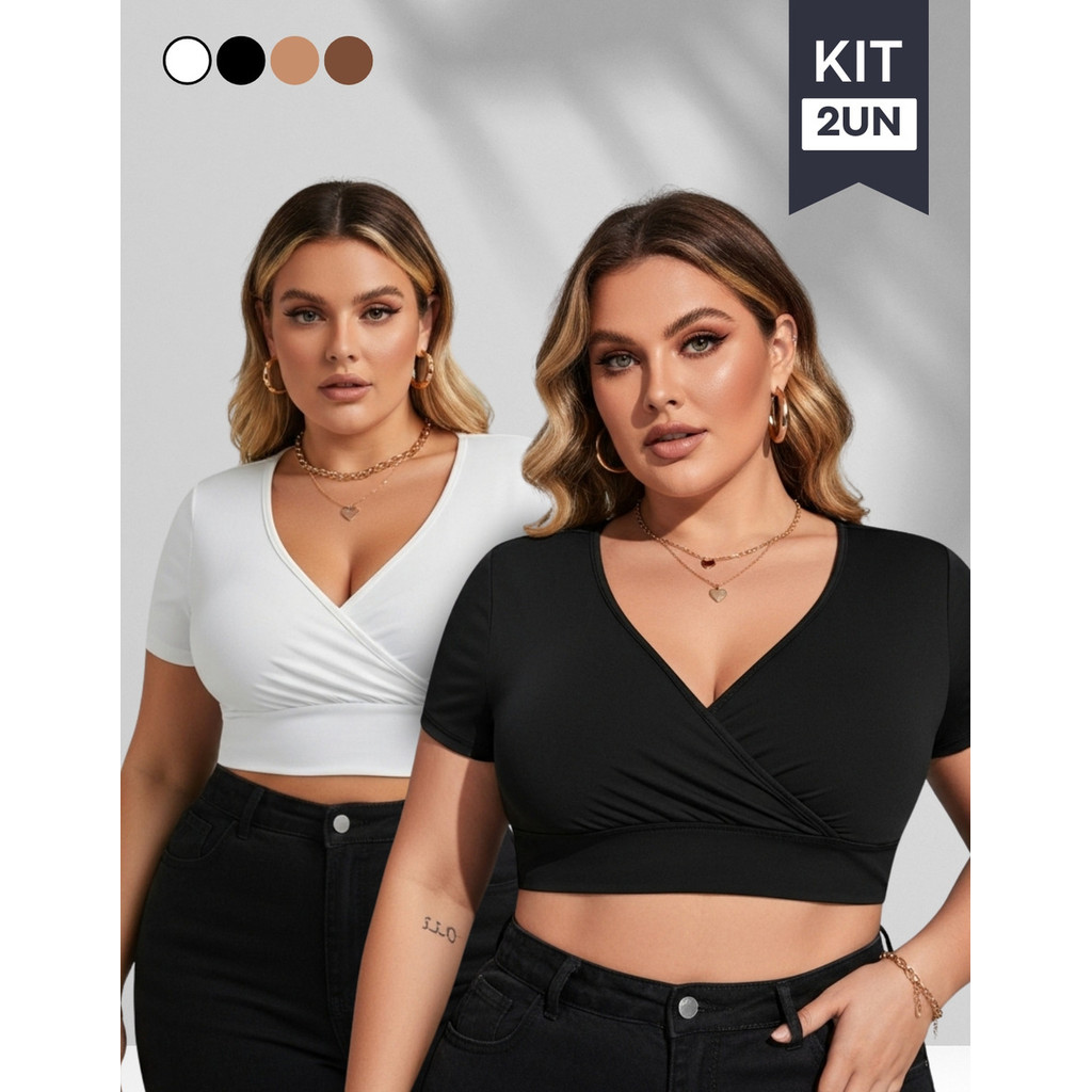 Kit 2x Cropped Plus Size Blusa Feminina Decotada Suplex G - G2