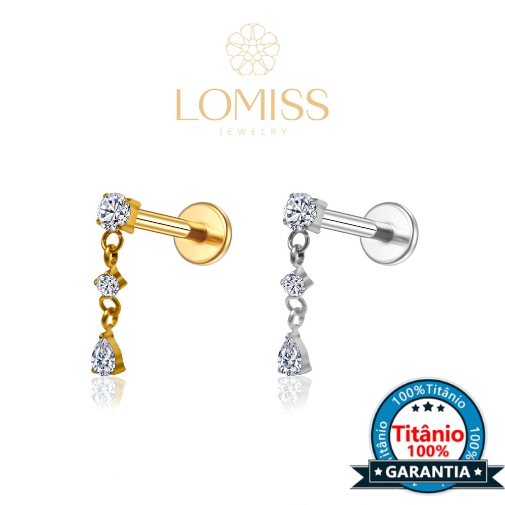 Piercing Labret Orelha Titânio Pvd Estrela Com Zircônia Cravejado e Pingente Corrente Para Helix Tragus Conch Nariz Boca