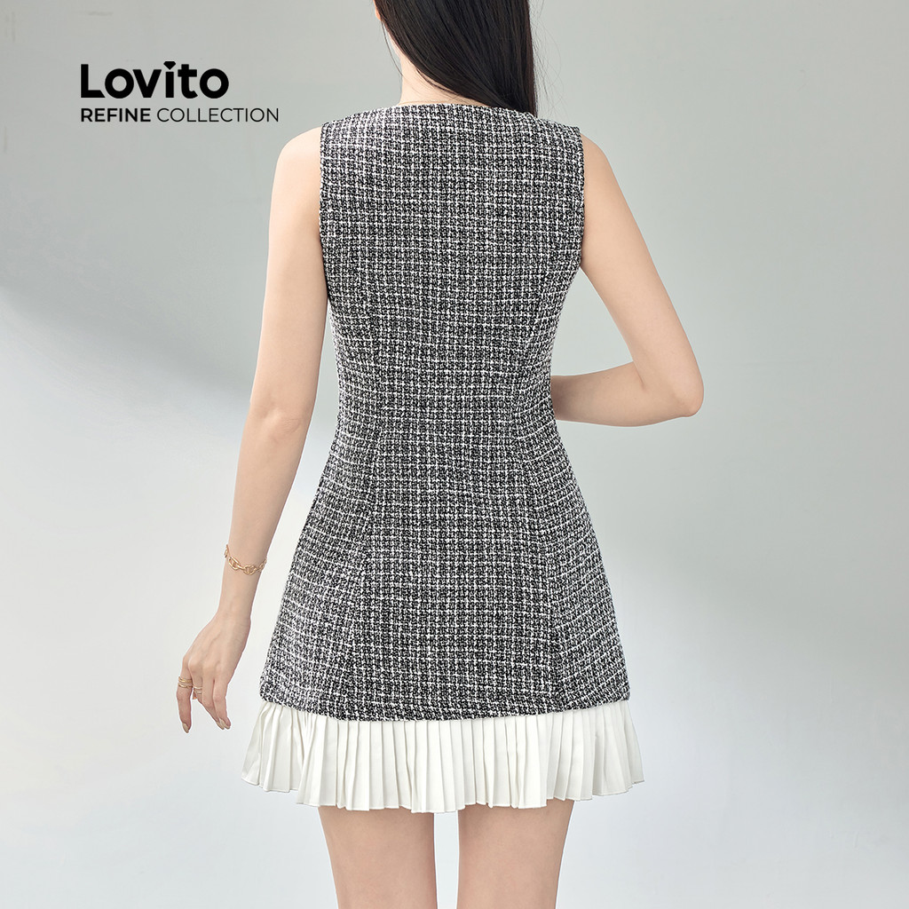 Detalhes do (Lovito Refine) Vestido Elegante Com Tecido Xadrez E Costura Plissado Para Verão/primavera Para Mulheres LR4ED030