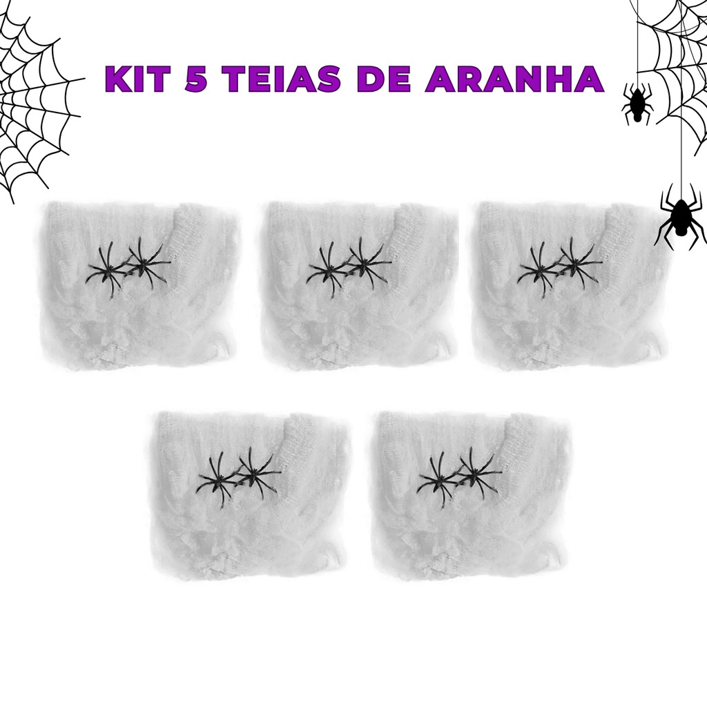 Kit 5 Teia de Aranha Decorativa com 2 Mini Aranhas Festa Halloween, Terror, Suspense em Oferta na Shopee