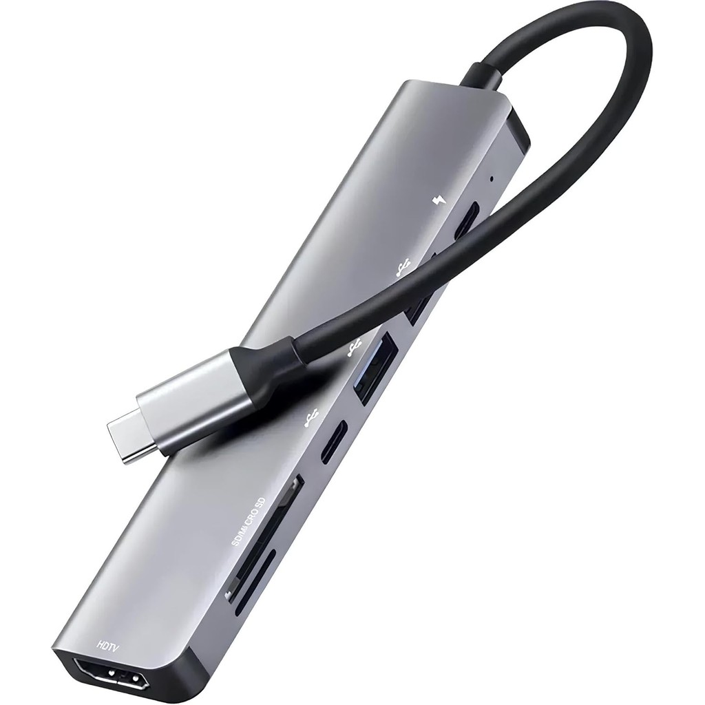 Hub USB-C 7 em 1 com HDMI 4K 60Hz, 3 Portas USB 3.0, Leitor SD/MicroSD e Entrada USB-C