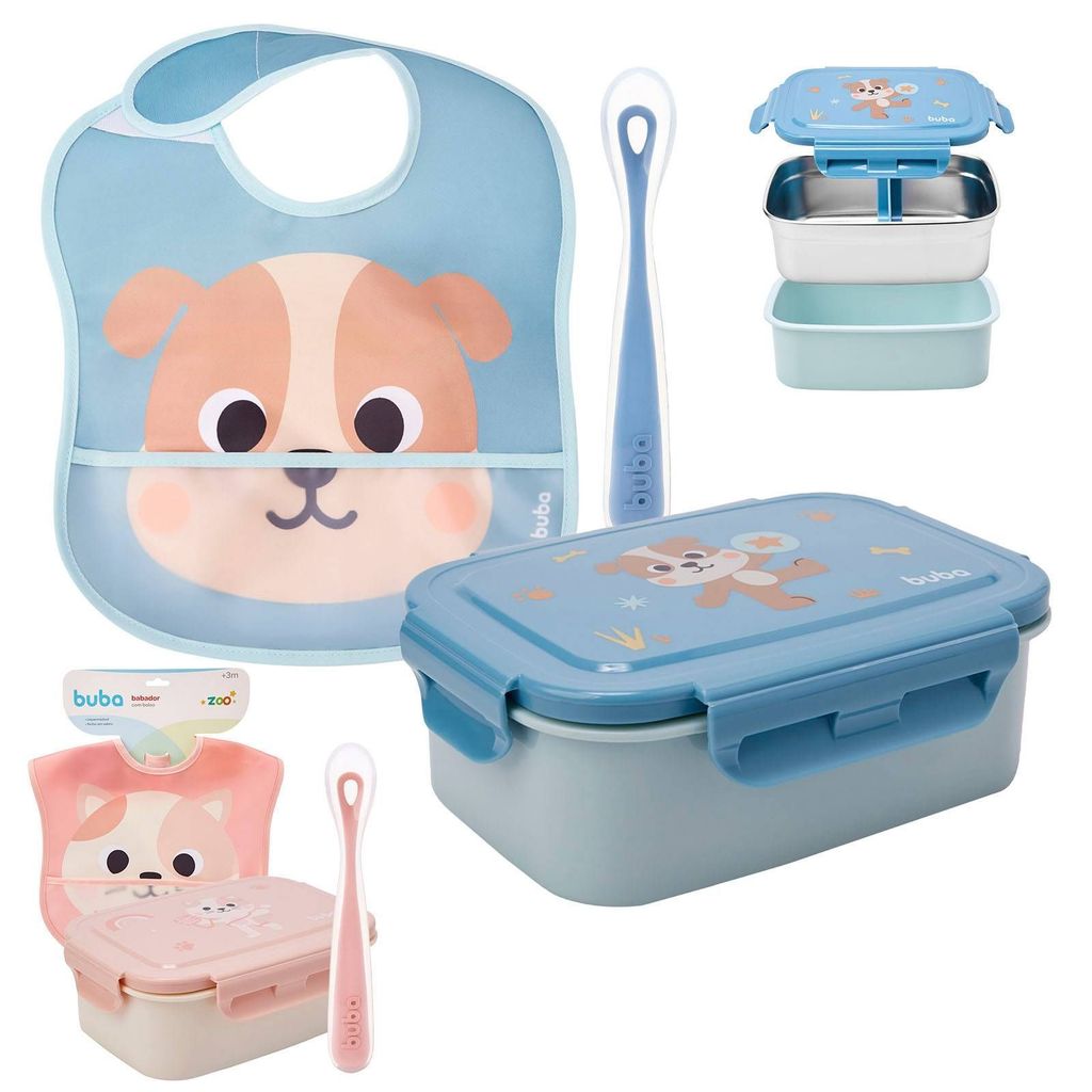 Kit Lancheira Escolar Infantil Buba Pote não vaza + Babador + Colher Macia Buba