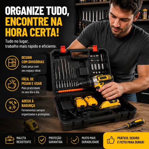 Furadeira/Parafusadeira 26V/48V Dual Baterias, Conjunto com Estuche e Ferramentas Inclusas