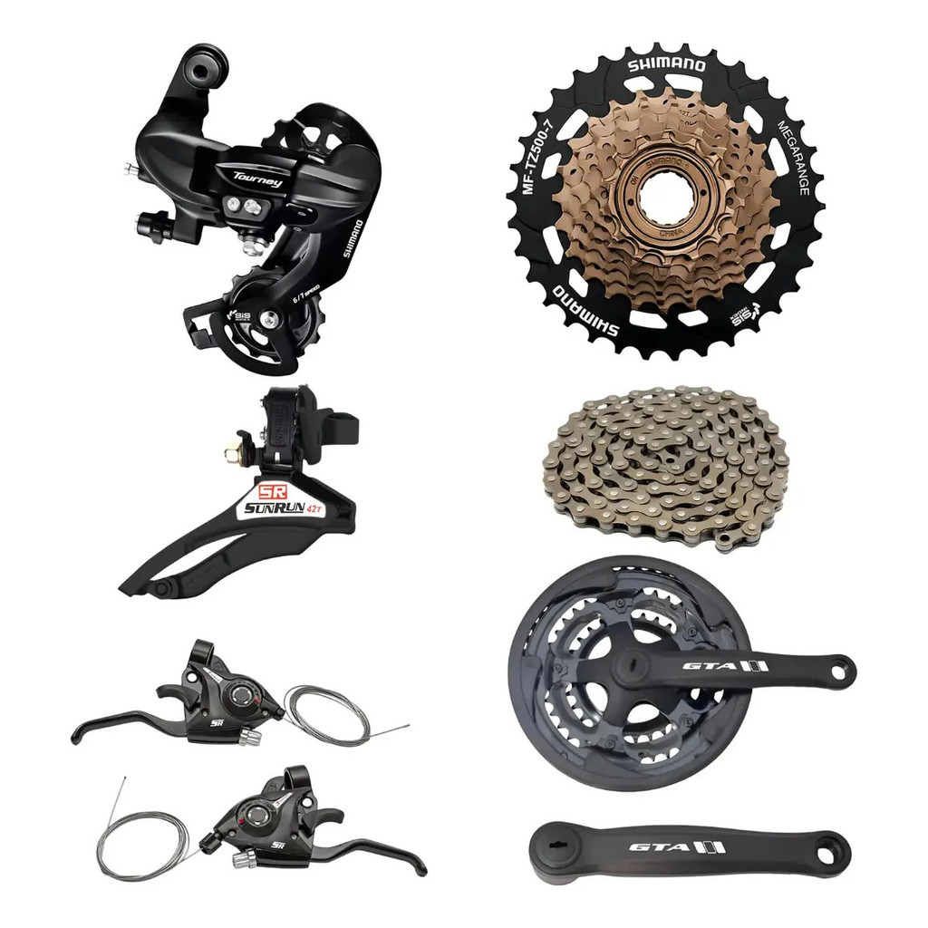 Kit Jogo Transmissão Bike 21 Marchas C/ Catraca Megarange 7v e Trambulador Shimano Bike Aro 29 ou 26