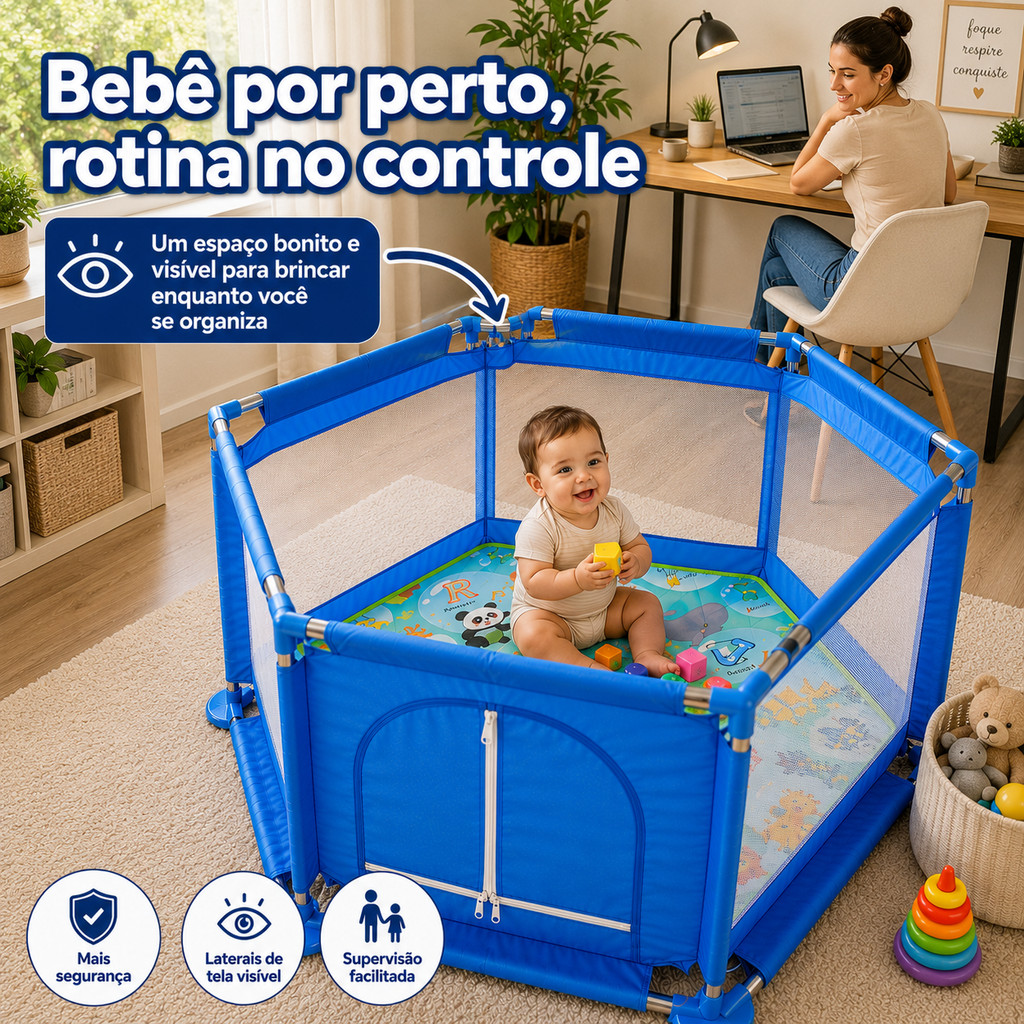 Detalhes do Cercadinho Portátil Azul para Bebê com Tecido Liso