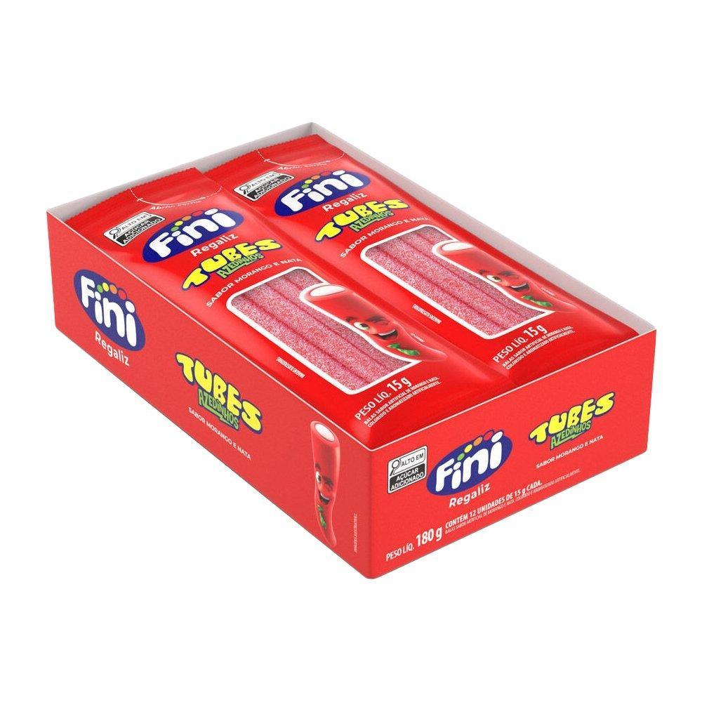 Bala Fini Regaliz Tubes Morango Cítrico, 15g - Embalagem com 12 Unidades