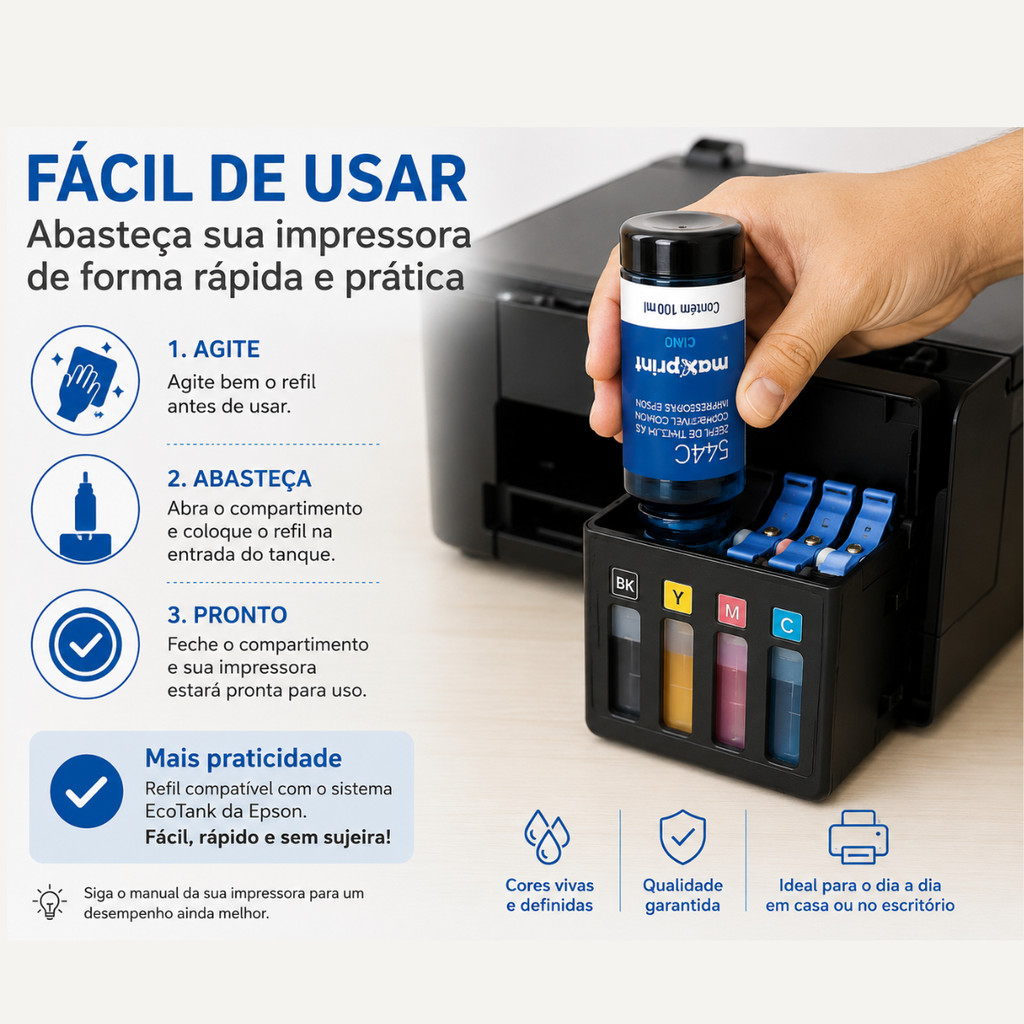 Detalhes do Refil Tinta Impressora Epson 544 504 Compatível EcoTank 100ml L3150 L3250 L3110 Maxprint Refil de Tinta Epson Compatível