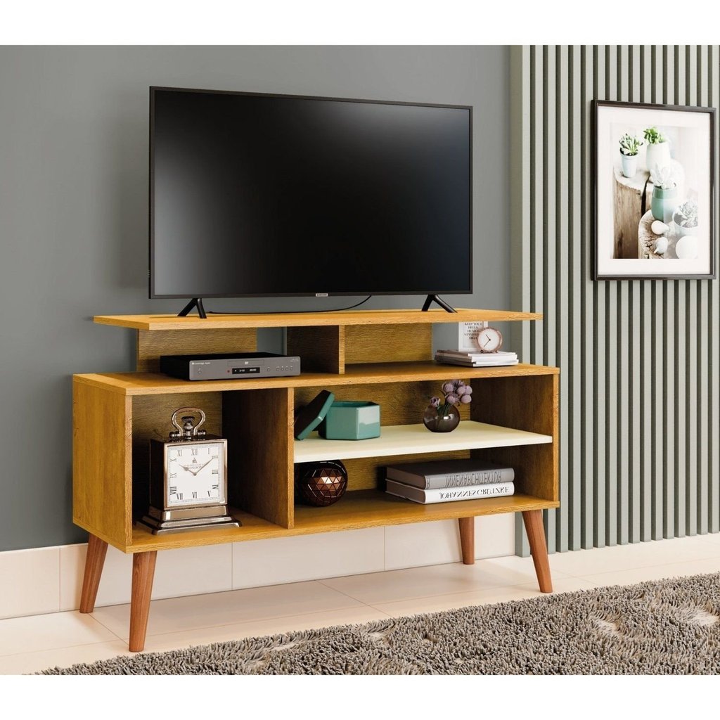 Rack Retrô para TV até 42 Polegadas 110cm Pés em Madeira Maciça Lyon Marrom Naturale Naturale