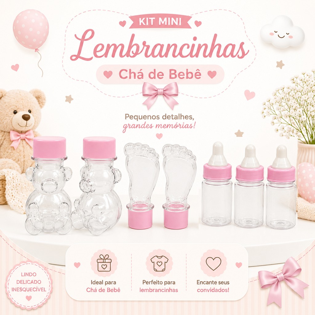 Kit Chá de Bebe 10 Urso 10 Mamadeira 10 Tubete Pezinho Pé Lembrancinha Fest Chá revelação