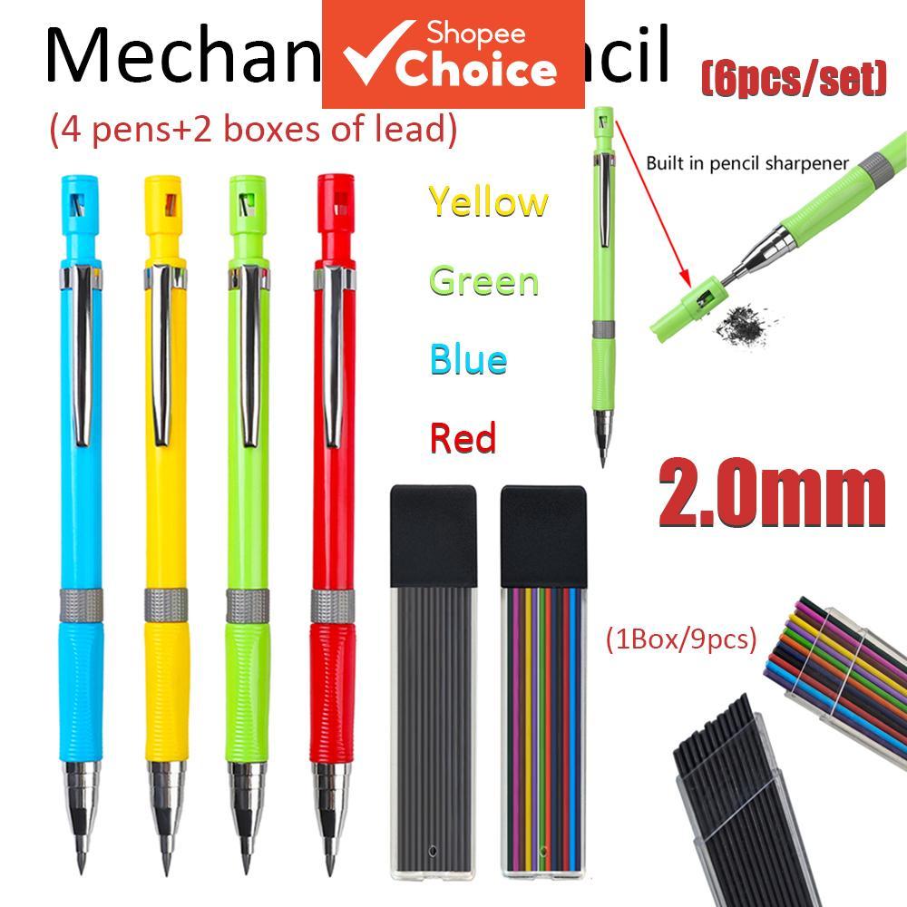 Conjunto de 6 peças de lápis mecânicos automáticos na cor macaron 2.0, com grafite 2B colorido, equipado com um