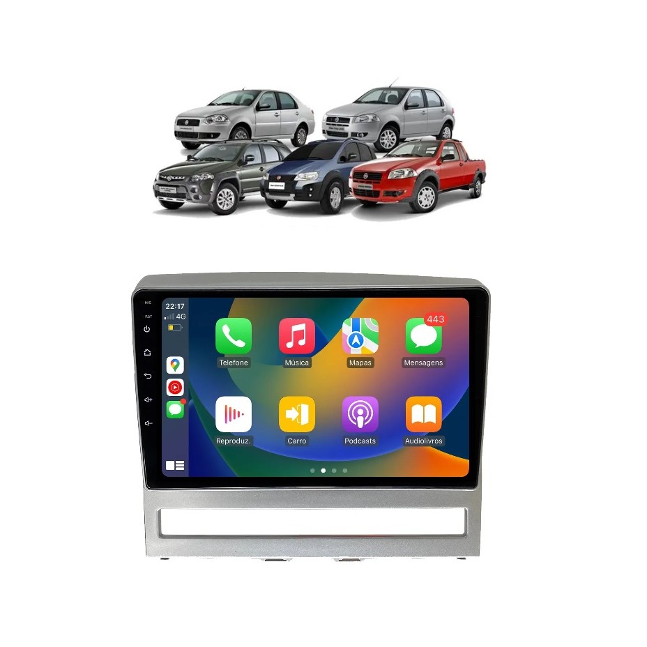 Kit Multimídia Palio Strada Siena Idea 2005 / 2011 Prata 9 Pol Android Carplay Gps 2/32GB - Roadstar 915BR