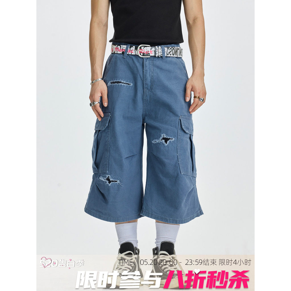 BLAEXIT Macacão mágico retrô azul vintage rasgado americano Shorts masculinos soltos casuais calças cortadas