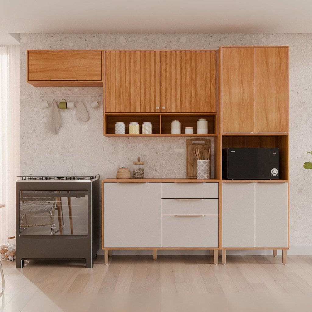 Cozinha Modulada 4 Peças com Torre Quente para Forno ou Microondas Marrom/Cinamomo/Off White