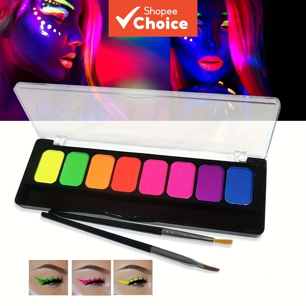 Paleta de Tinta Facial Fluorescente Neon com 8 Cores - Tinta Corporal com Pincéis para Maquiagem de Halloween, Festas e