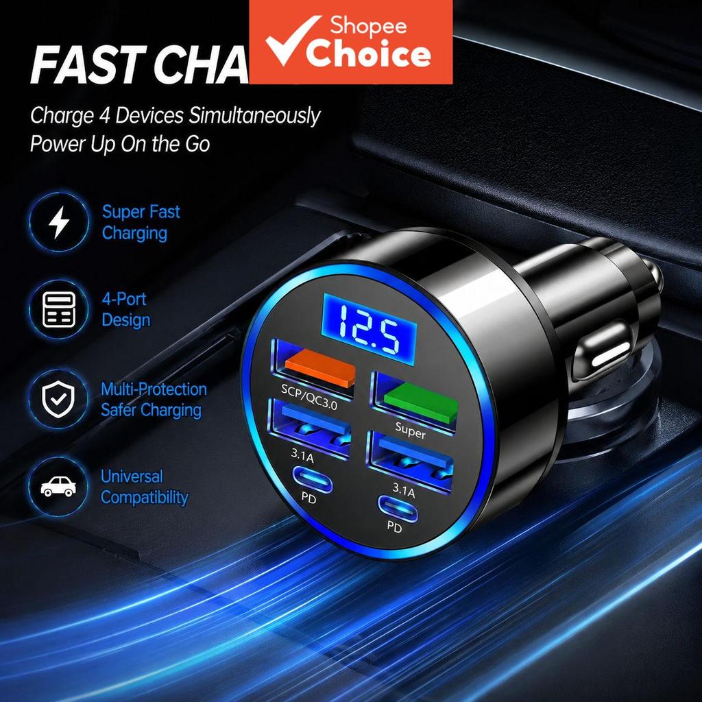 1 peça Carregador de carro PD, carregamento rápido QC3.0, um para seis, isqueiro automotivo, carregador com display
