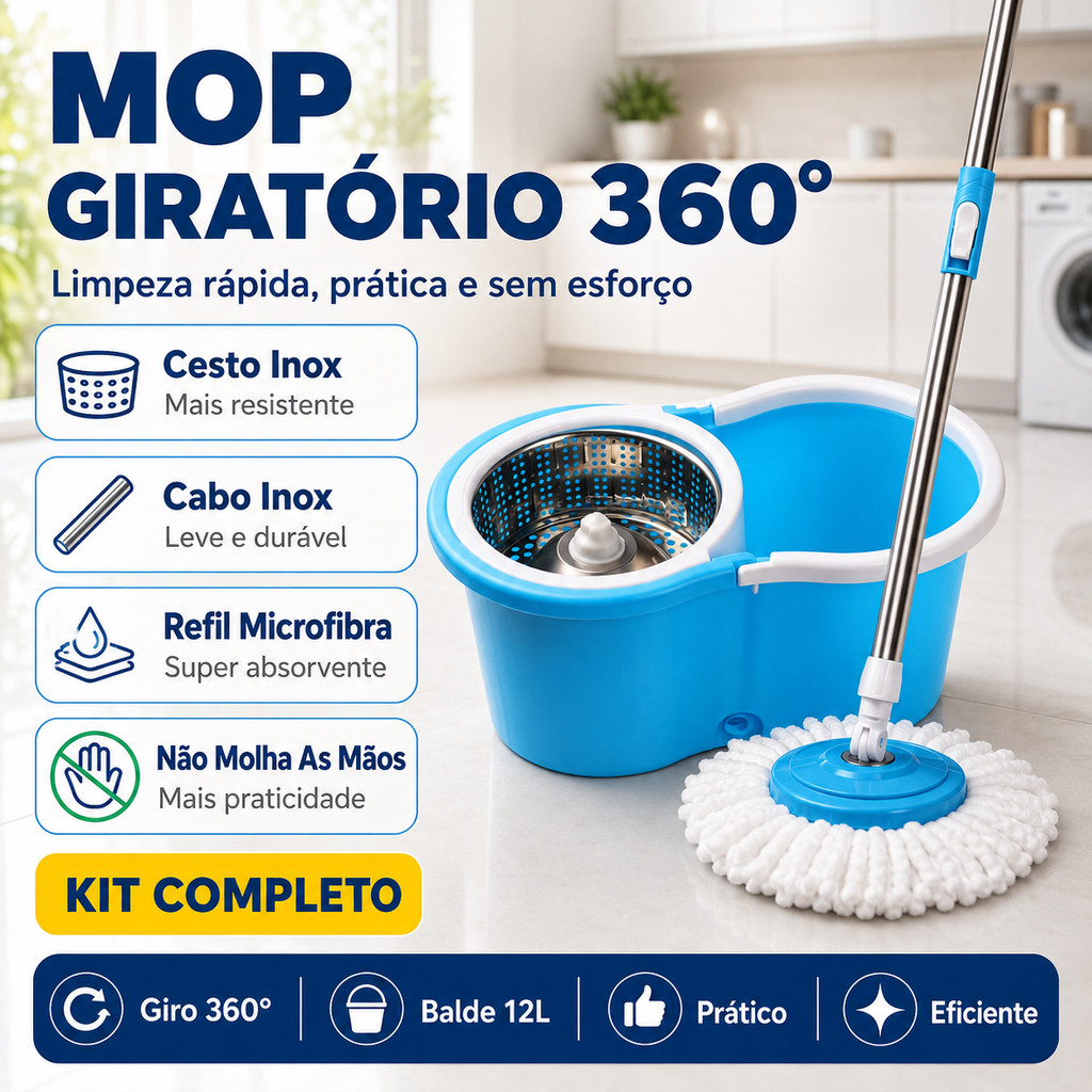 Mop Giratório 360 Com Centrífuga Balde Cesto Aço Inox Refil Microfibra Para Todos Os Pisos