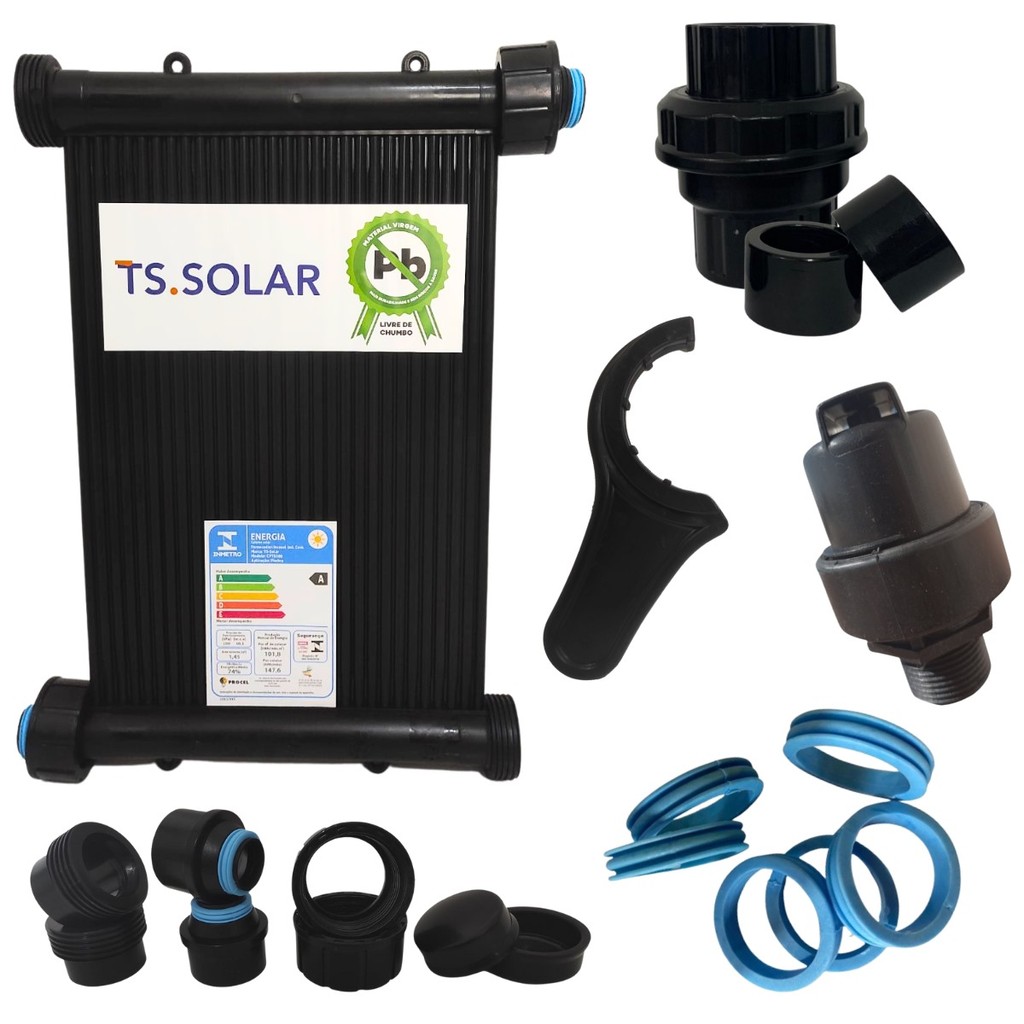 Kit 2 Placas Solar 2m TS Solar Piscina 1.500L + Válvula Quebra Vácuo + Retenção + Kit instalação