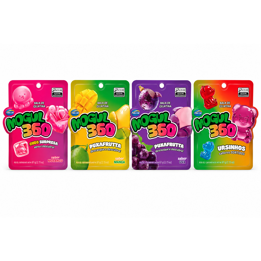 Kit 4 Sabores Bala Gelatina Mogul 360 PuxaFrutta 61g