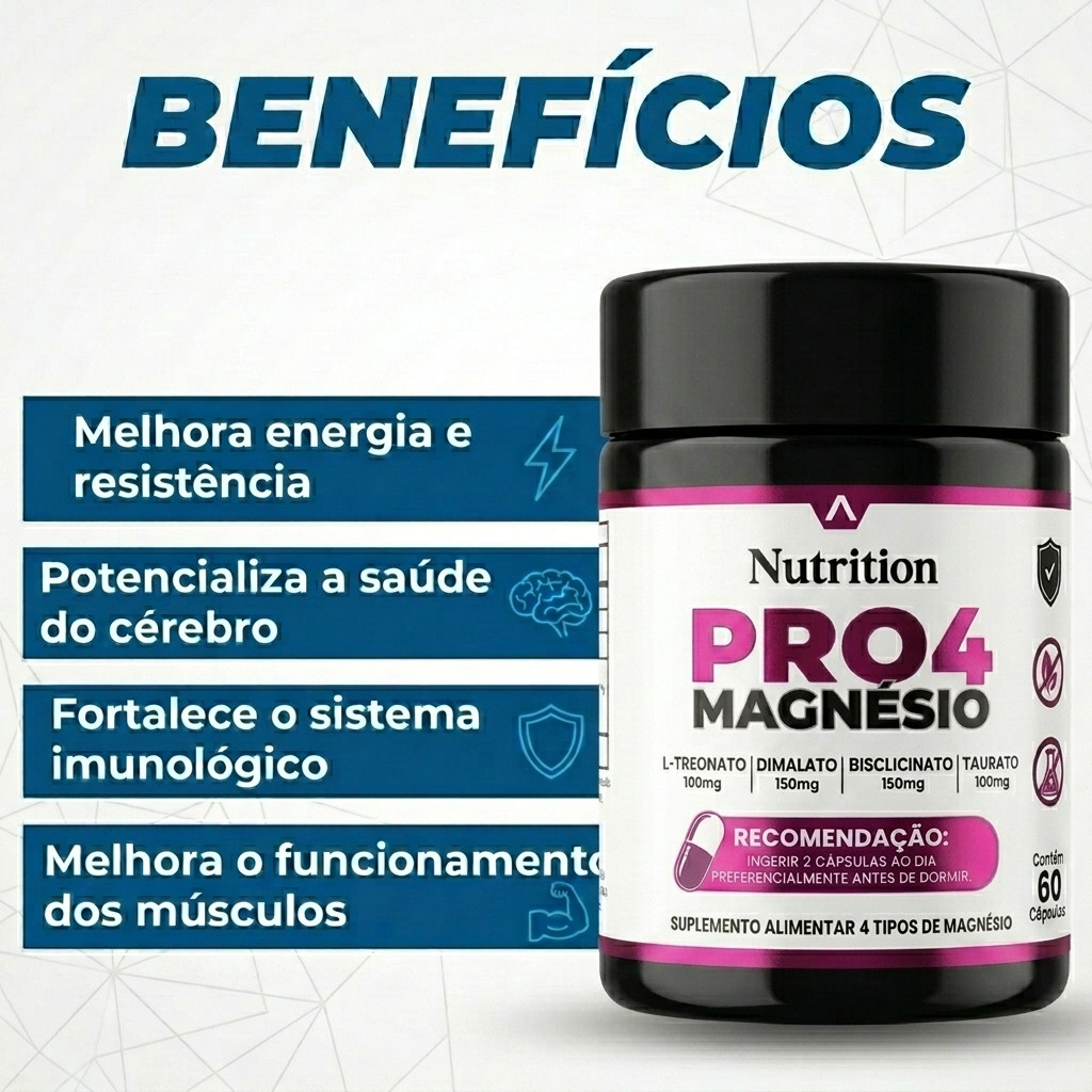 Pro4 Magnésio - Treonato, Dimalato e Bisglicinato e Taurato - Envio Imediato - 60 Cápsulas