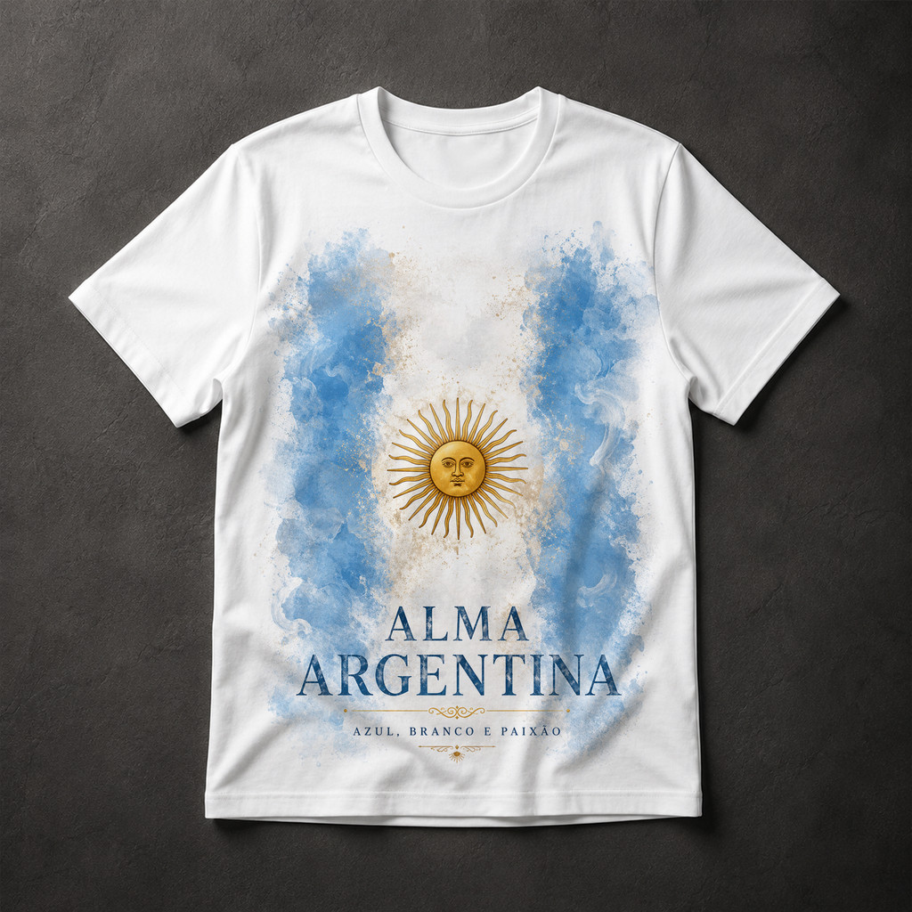 Camiseta Alma Argentina Bandeira Sol de Maio Aquarela Torcedor Futebol Masculina