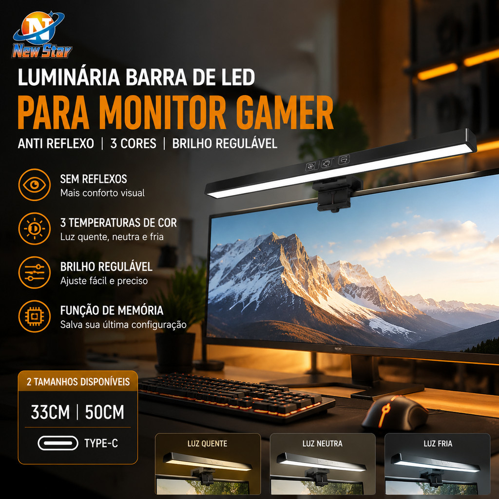New Star Luminária Barra De Led Para Monitor Gamer Anti Reflexo 3 Cores Brilho Regulável Lightbar P/ PC 33cm 50cm Type-C