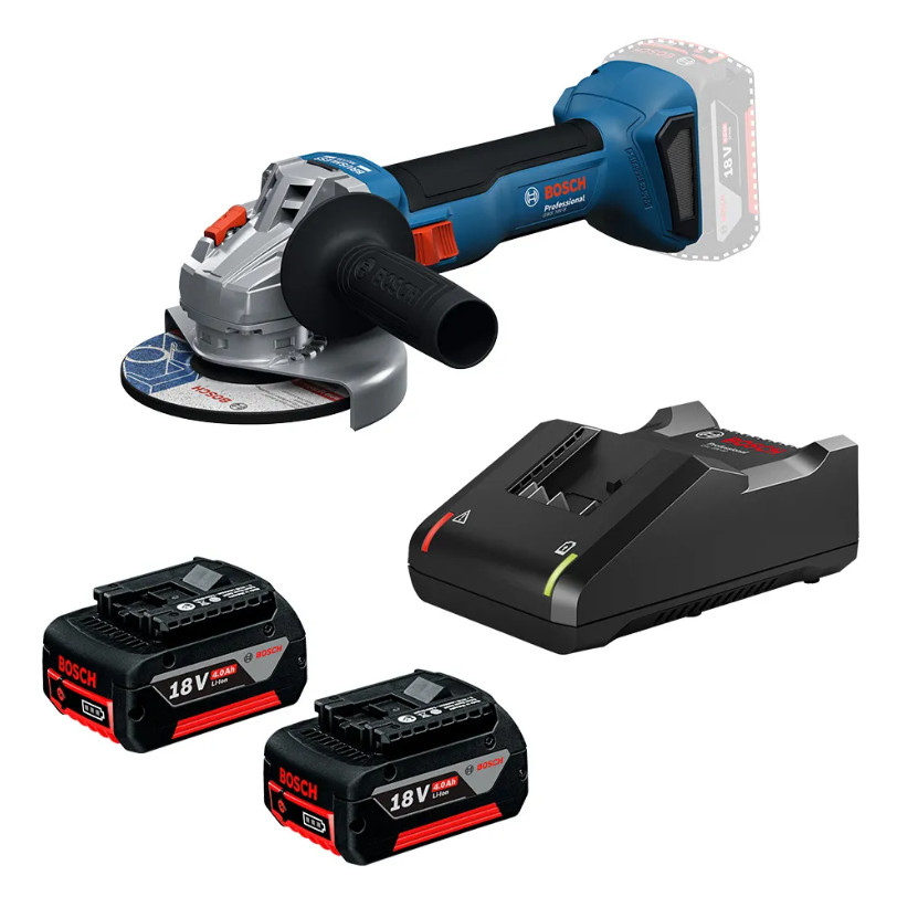 Esmerilhadeira Angular 4.1/2" (115mm) GWS 18V-8 + 2 Baterias Bosch GBA 18V 4Ah e Carregador de Bateria Bosch GAL 18V-40