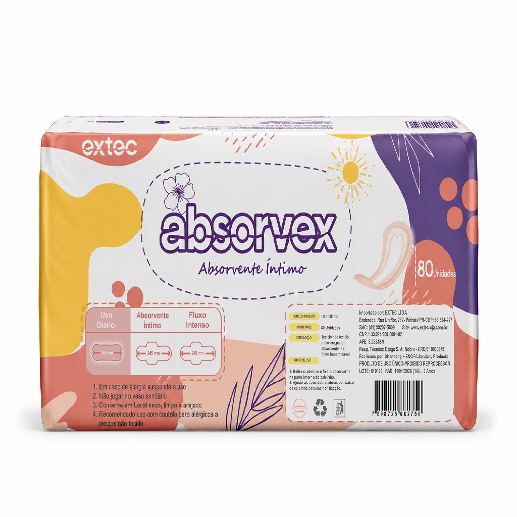 80 Unidades Absorvente de Uso Diário Feminino Absorvex – Proteção Diária e Toque Suave